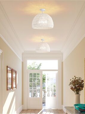 NEW Bohemian Light White Wicker Rattan Hardwire Pendant Light